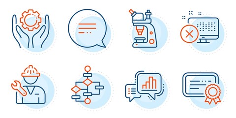 Graph chart, Block diagram and Repairman signs. Reject access, Microscope and Certificate line icons set. Employee hand, Text message symbols. Delete device, Chemistry laboratory. Vector