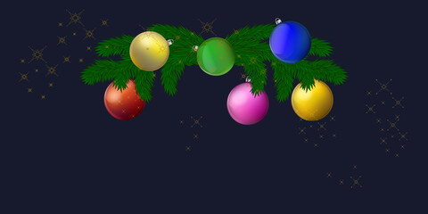 Christmas garland, bright balls - dark blue background - vector. Banner. Christmas decoration. Winter holidays