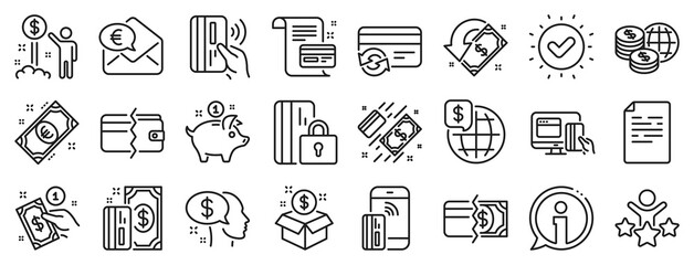 Update credit card, Contactless payment and Piggy bank linear icons. Money wallet line icons. Online payment, Dollar exchange and Fast money send. Private pay, Blocked credit card and Wallet. Vector