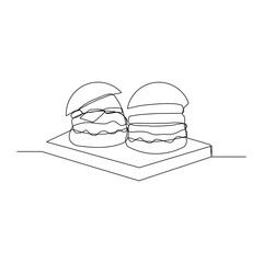 continuous line drawing of tasty hamburger. vector illustration