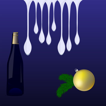 Icicles, a bottle of wine, a bright ball - dark blue background - vector. Banner. Christmas decoration. Winter holidays