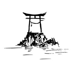 Naklejka premium Torii gate on the lake. Ink illustration.