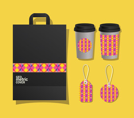 geometric cover bag coffee mugs and labels design of Mockup corporate identity template and branding theme Vector illustration