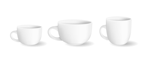 White mockup mugs. Set of realistic ceramic mugs. Cup for design. Vector illustration.