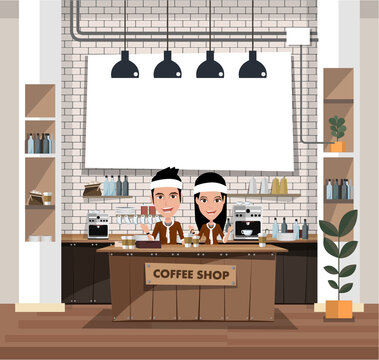 Coffeehouse, coffee shop or cafe. Empty cafe interior with bar stand,table and armchairs. Flat design vector illustration