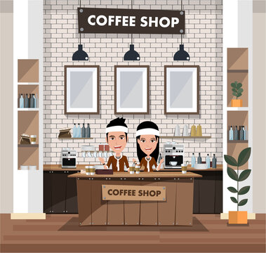 Coffeehouse, coffee shop or cafe. Empty cafe interior with bar stand,table and armchairs. Flat design vector illustration