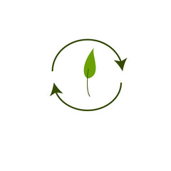 Renewable energy. Happy earth day. International environment day.  Single leaf isolated on white background with two green arrows. Vector eco illustration for social poster, banner or card. Green leaf