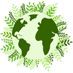 Earth with green leaves isolated on white background.. Happy earth day. Ecology web background. Poster, flyer, banner, card.
