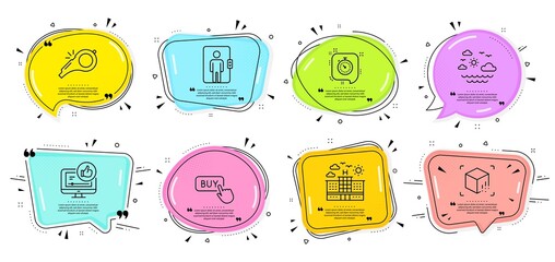 Hotel, Whistle and Elevator signs. Speech bubbles with quotes. Travel sea, Augmented reality and Like video line icons set. Buy button, Timer symbols. Summer holidays, Virtual reality. Vector