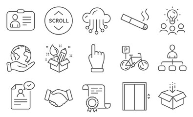 Set of Business icons, such as Click hand, Cloud storage. Diploma, ideas, save planet. Management, Smoking, Get box. Handshake, Bicycle parking, Scroll down. Lift, Resume document, Id card. Vector