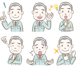 表情や仕草のセット、シニアの男性、作業着、B