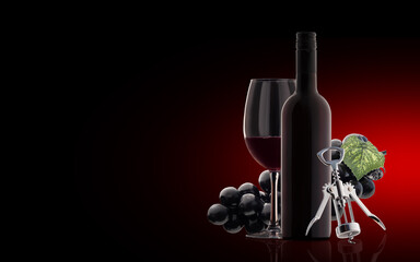 A glass of red wine, black grapes, a bottle and a corkscrew. Copy space.