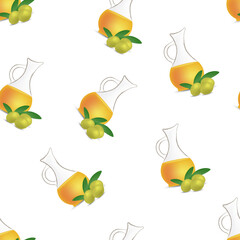 Vector seamless pattern of olive oil in a jug and fruits of olives on a white background.