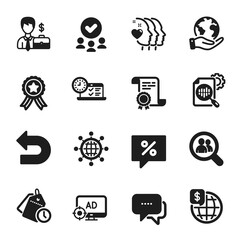 Set of Business icons, such as Search employees, Discount message. Certificate, approved group, save planet. Friends couple, Businessman case, Message. Vector