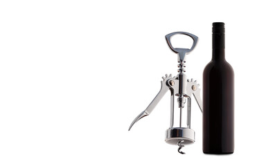 A bottle of red wine and a metal corkscrew on a white background with place for text.