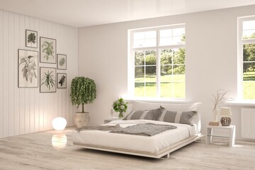 White bedroom interior. Scandinavian design. 3D illustration