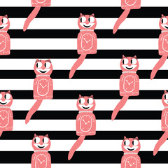 50s cat clock vintage pink and black seamless repeat pattern with stripes.