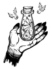 Vector illustration. bottle of potion, eyes, wings, hands, mysticism, tattoos. Handmade, prints on T-shirts, background white