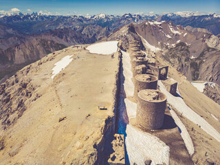 Mount Chaberton aerial view from airplane, peak of mountain in the Cottian Alps located in the...