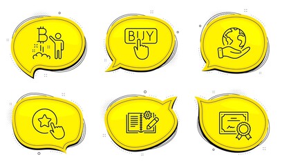 Buying sign. Diploma certificate, save planet chat bubbles. Engineering documentation, Loyalty star and Bitcoin project line icons set. Manual, Bonus reward, Cryptocurrency startup. Vector