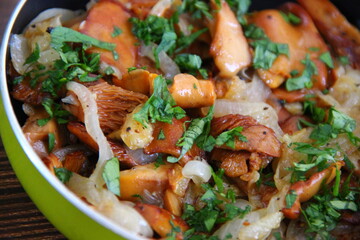 Fried chanterelles (roosters) with onions and fresh herbs, close-up view