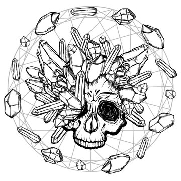 Vector illustration. skull with crystals, sacred geometry, mysticism, tattoos. Handmade, prints on T-shirts, background white