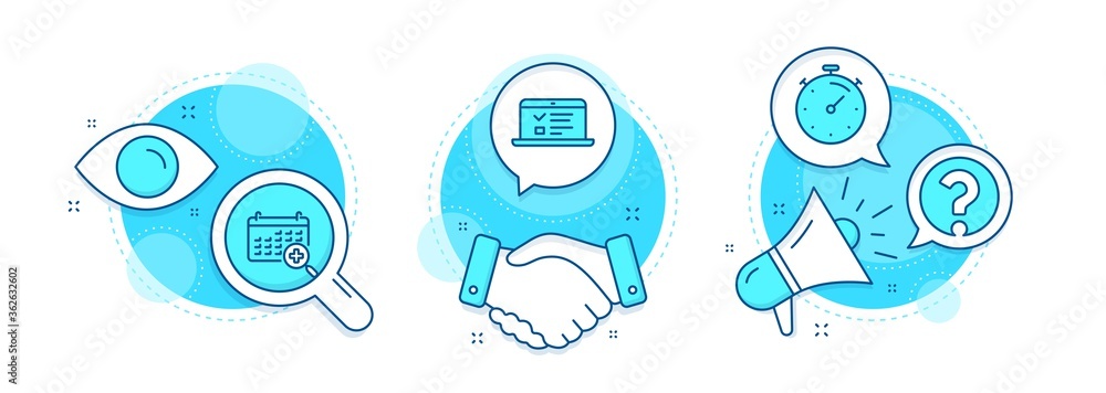 Poster timer, web lectures and question mark line icons set. handshake deal, research and promotion complex
