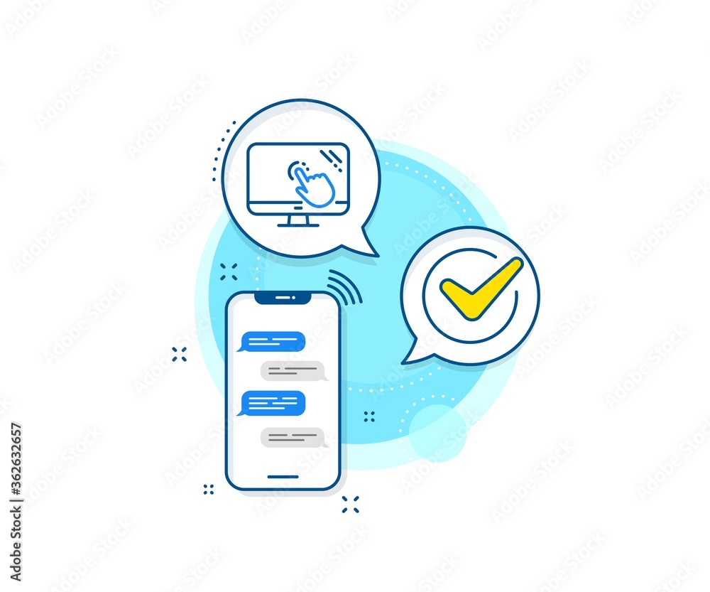 Poster online quiz test sign. phone messages complex icon. touch screen line icon. messenger chat screen ba