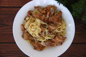 Tagliatelle with chanterelles. Pasta with Rooster mushrooms in a white plate on a wooden background