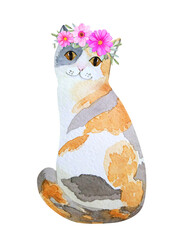 Hand-drawn watercolor cat with a wreath on his head. Isolated on a white background. Cute tricolor cat.
