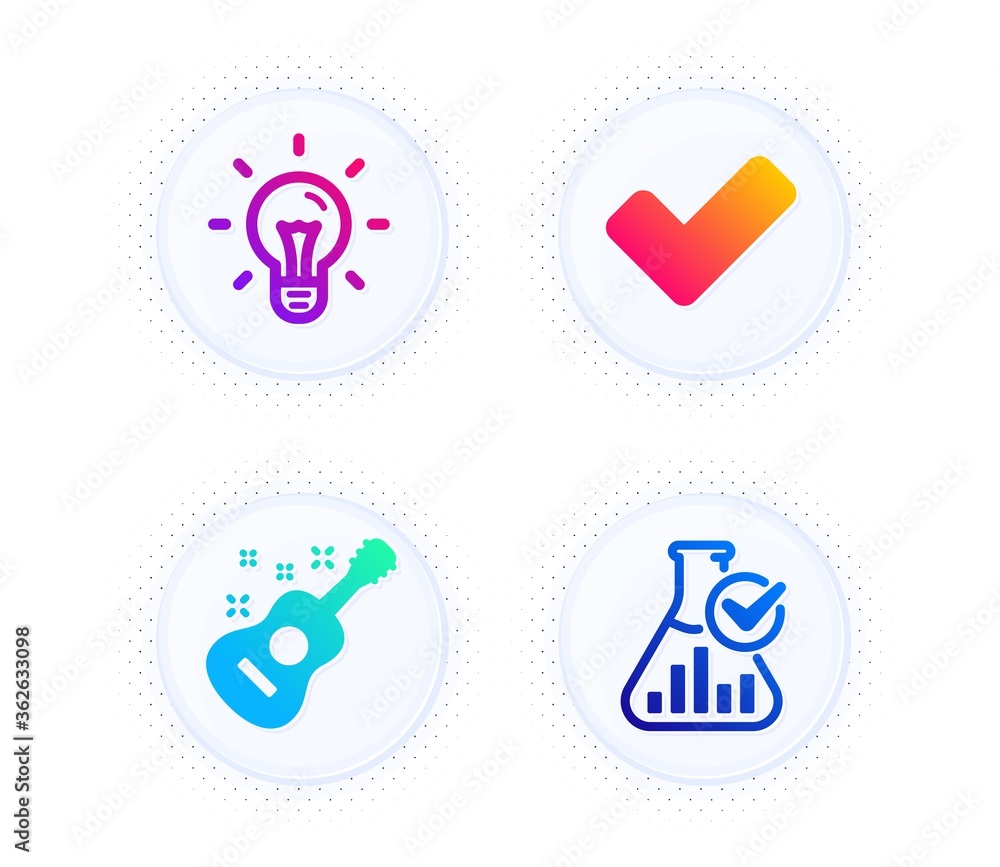 Poster tick, guitar and idea icons simple set. button with halftone dots. chemistry lab sign. confirm check