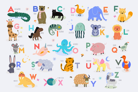 Vector poster with letters of the English alphabet with cute animals for children on a neutral background.