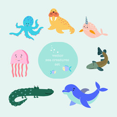 Sea creatures - octopus, walrus, narwhal, jellyfish, pike, crocodile, dolphin. Vector set