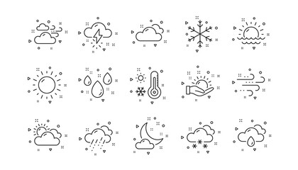 Cloudy sky, winter snowflake, thermometer. Weather and forecast line icons. Moon night, rain and sunset icons. Weather temperature, meteorology forecast. Linear set. Geometric elements. Vector