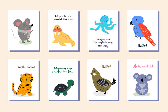 Set of vector cards with an inspirational quotethe and image of an animal 
