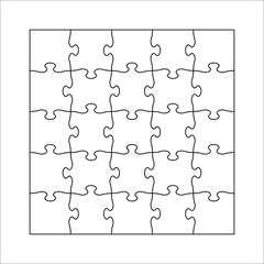 Set of twenty five puzzle pieces. Puzzle with different types of details and the ability to move each part. Black and white vector illustration