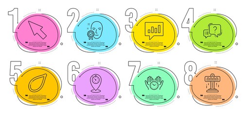 Question mark, Pumpkin seed and Timer signs. Timeline steps infographic. Mouse cursor, Safe time and Analytical chat line icons set. Attraction, Face verified symbols. Click arrow, Hold clock. Vector