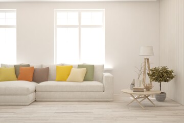 White living room with sofa. Scandinavian interior design. 3D illustration