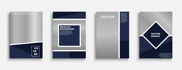 Set of vector stylish metallic covers, templates, backgrounds, placards, brochures, banners, flyers and etc. Decorative trendy posters with creative polished metal texture