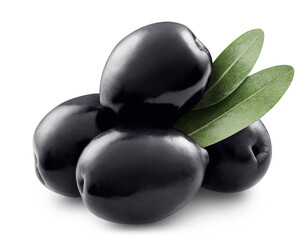 Delicious black olives with leaves, isolated on white background