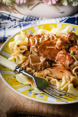 Pork stew served with noodles.