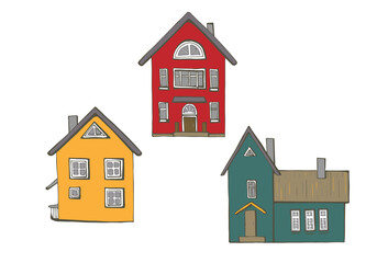 Set of bright colorful facades of scandinavia houses for concept design. Hand drawn vector illustration isolated on white background. Nordic style, village, cityscape.