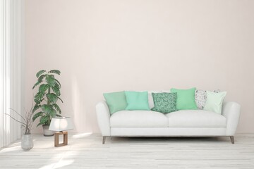 White living room with sofa. Scandinavian interior design. 3D illustration