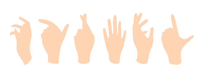 Female hands showing gracefully different poses and signs. Vector illustration in flat style hand drawn isolated on bright. Light silhouettes of palms and a pink silhouette, crossing fingers.