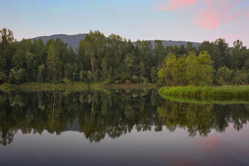 Obraz premium Calm summer morning on the river. The coastline with lush vegetation, which is reflected in the water.