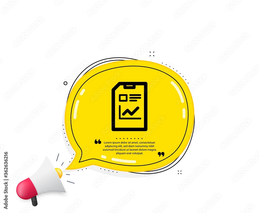 Poster report document icon. quote speech bubble. analysis and statistics file sign. paper page concept sym