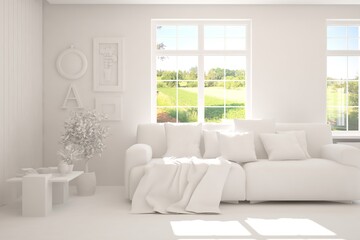 White living room with sofa and summer landscape in window. Scandinavian interior design. 3D illustration