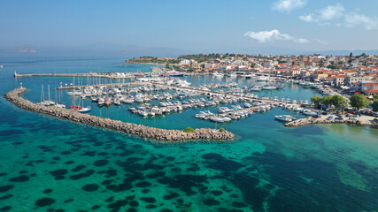 Aerial drone panoramic photo of picturesque port and main town of Aigina island, Saronic gulf,...