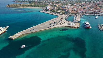 Aerial drone panoramic photo of picturesque port and main town of Aigina island, Saronic gulf,...