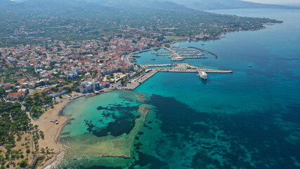 Aerial drone panoramic photo of picturesque port and main town of Aigina island, Saronic gulf,...